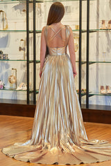 Pleated Criss Cross Straps Metallic Long Prom Dress