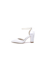 Pointed Toe Pearl Ribbon Ankle Strap Chunky Heel