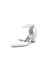 Pointed Toe Pearl Ribbon Ankle Strap Chunky Heel