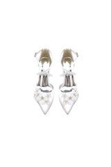 Pointed Toe White Chunky Heels with Flower