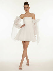 A-Line Puff Long Sleeves Short Wedding Dresses With Bows
