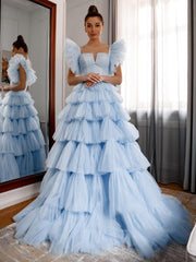 Pleated Tulle Ball Gown Ruffle Tiered Long Quinceanera Dresses
