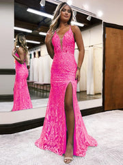 Mermaid Deep V Neck Blue Sequins Lace Long Prom Dresses with Slit