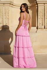 A-Line Hot Pink Ruffles Slit Prom Dress with Lace-up Back