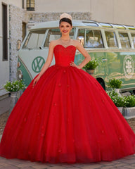 Red 3D Flowers Glitter Sequins Sleeveless Quinceanera Dresses