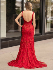 Mermaid V Neck Sequined Lace Prom Dress with Slit