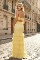 Mermaid V-Neck Yellow Ruffle Chiffon Long Prom Dresses with Flower