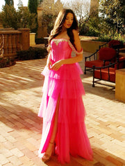 A Line Off the Shoulder Hot Pink Tulle Long Prom Dresses with Beading
