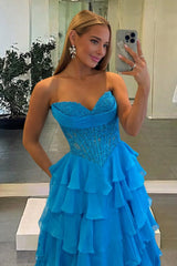 Azure - Strapless A Line Chiffon Ruffled Prom Dresses With Appliques