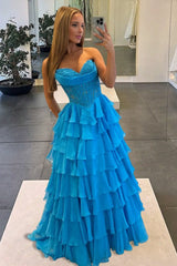 Azure - Strapless A Line Chiffon Ruffled Prom Dresses With Appliques
