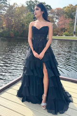 Black - Strapless A Line Chiffon Ruffled Prom Dresses With Appliques