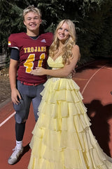 Yellow - Strapless A Line Chiffon Ruffled Prom Dresses With Appliques