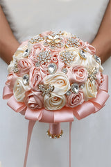 Rose Pink Satin Ribbon Cascade Wedding Flower Bouquets with Rhinestones