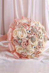 Rose Pink Satin Ribbon Cascade Wedding Flower Bouquets with Rhinestones