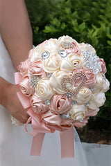 Rose Pink Satin Ribbon Cascade Wedding Flower Bouquets with Rhinestones