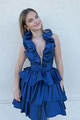 A-Line Deep Halter Satin Short Homecoming Dress with Ruffles