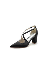 Black Satin Pump with Cross-Strap Design