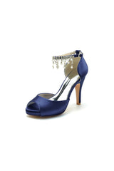 Navy Blue Stiletto Heels with Pearl and Chain Decor