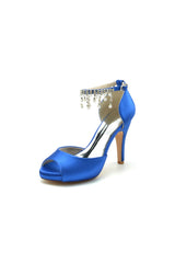 Navy Blue Stiletto Heels with Pearl and Chain Decor