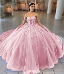 Sky Blue Ball-Gown Tulle 3D Flowers Sweetheart Quinceanera Dresses