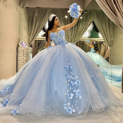 Sky Blue Tulle Ball-Gown Strapless Sleeveless Quinceanera Dresses