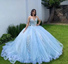 Sky Blue Quinceanera Dresses Off the Shoulder Beaded Lace Appliques