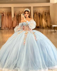 Sky Blue Quinceanera Dresses with 3D Flowers and Half Sleeve
