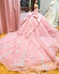 Off The Shoulder Lace Up Back Appliques Tulle Quinceanera Dress