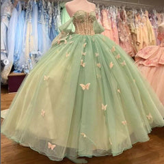 Ball Gown Sage Green Tulle Quinceanera Dress With Butterflies