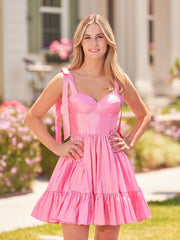 A-line Sweetheart Pink Ruffled Taffeta Homecoming Dress With Bow Straps