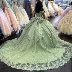 Lace Tulle Sage Applique Off Shoulder Quinceanera Dresses