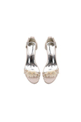 Satin Block-Heel Sandal Featuring Delicate Floral Rhinestone Decorations