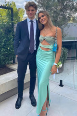 Aqua - Strapless Sheath Satin Prom Dresses With Cutout