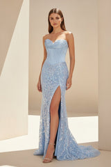 Sky Blue Strapless Mermaid Sequined Lace Long Formal Prom Dresses With Slit