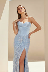 Sky Blue Strapless Mermaid Sequined Lace Long Formal Prom Dresses With Slit