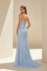 Sky Blue Strapless Mermaid Sequined Lace Long Formal Prom Dresses With Slit