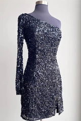 Black Bodycon One-Shoulder Sequins Mini Party Dresses