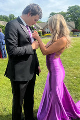 Mermaid V-Neck Satin Formal Dress with Lace-Up Back