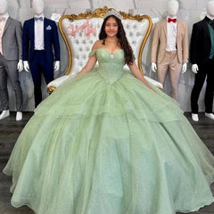 Sage Green Off The Shoulder Tulle Beaded Quinceanera Dress Wth Bow