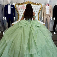 Sage Green Off The Shoulder Tulle Beaded Quinceanera Dress Wth Bow