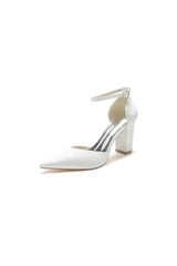 Simple Satin Pointed Toe Ankle Strap Chunky Heel