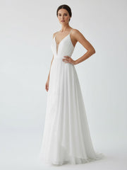 A-Line V Neck Straps Spaghetti Sheath Chiffon Wedding Dress