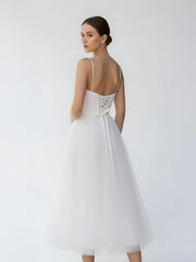 A-Line Spaghetti Straps White Satin Tulle Tea-Length Wedding Dresses