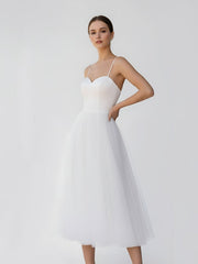 A-Line Spaghetti Straps White Satin Tulle Tea-Length Wedding Dresses