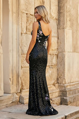 Mermaid One Shoulder Black Sequins Long Prom Dresses with Sequins Flowers