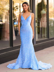 Sparkly Blue Mermaid Sequins Long Backless Prom Dress