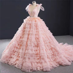 Pink Layered Ruffle Ball Gown Quinceanera Dress With Cascading Ruffles
