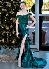 Mermaid Off the Shoulder Satin Prom Dress with Slit