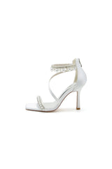 Square Open Toe Pearl Satin Stiletto Heels