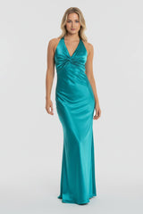Turquoise - Halter V-Neck Pleated Satin Sleeveless Long Prom Party Dress